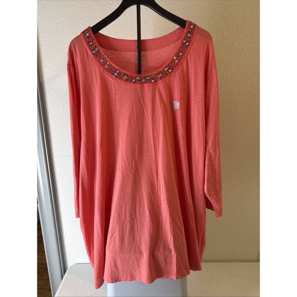 Catherines Tops - Catherines Women's 3/4 Sleeve Beaded Collar Blouse Pink Plus Size 4XL
